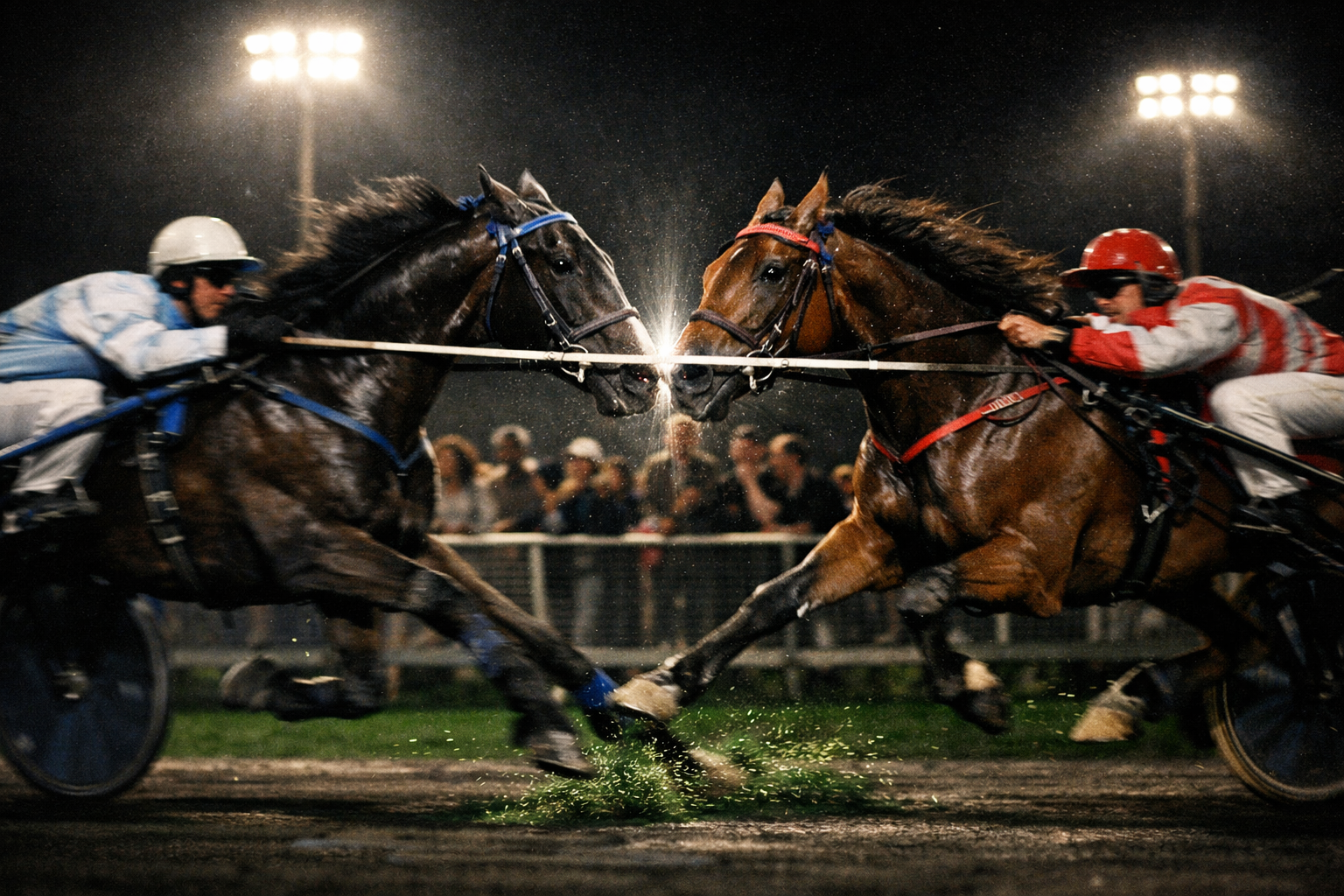 Arrivée de trot attelé à Vincennes sous les projecteurs